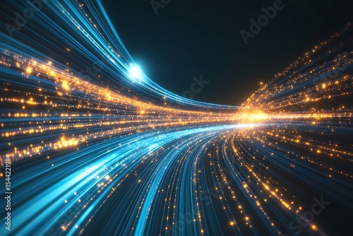 Digital data stream with blue and golden light streaks for technology background.