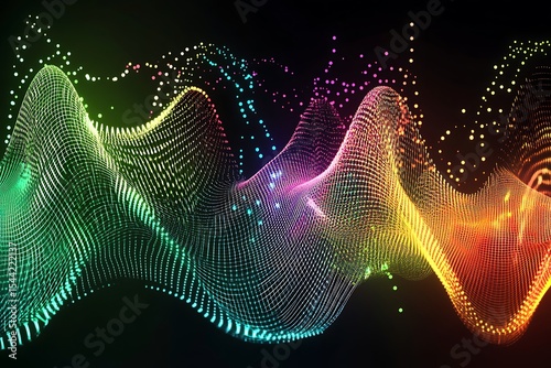 Abstract glowing wave pattern with colorful light dots on dark background for technology concepts