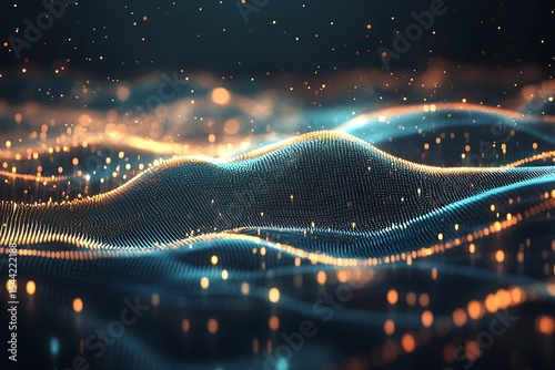 Abstract technology background with blue and gold digital waves and glowing particles