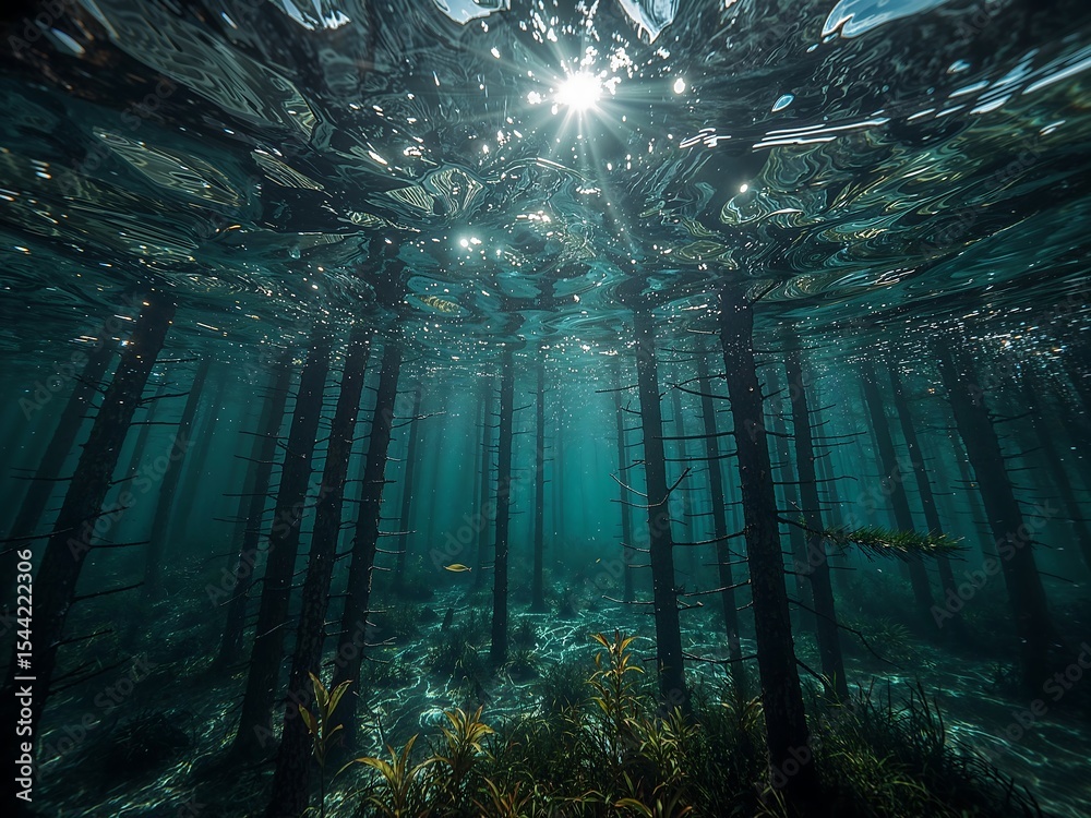 Fototapeta premium Pine Forest Submerged under Clear Water with Sunbeams