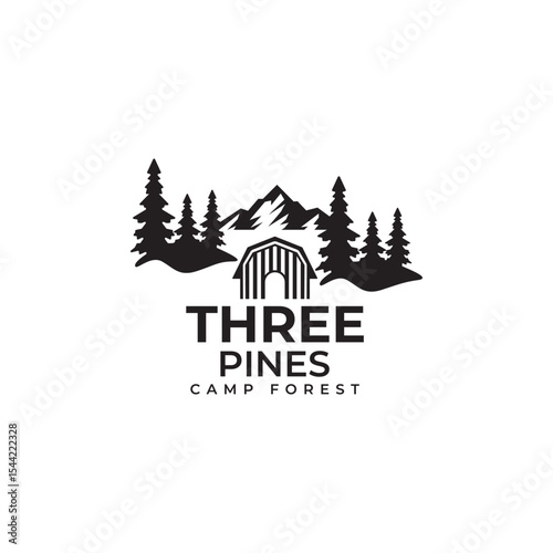 pine forest campsite for hotel and camping in the mountains logo vector template