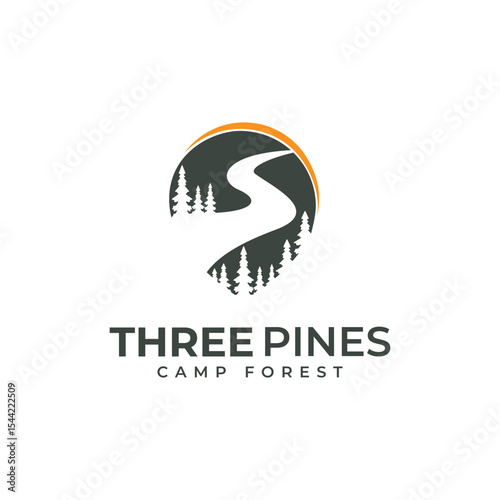 pine forest campsite for hotel and camping in the mountains logo vector template