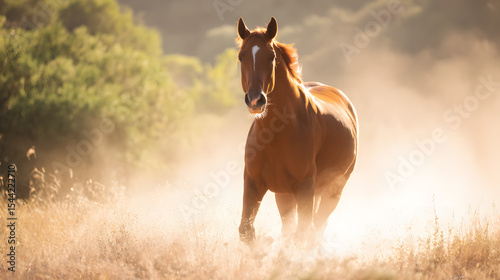 Majestic chestnut horse galloping freely, embodying untamed spirit and grace in motion