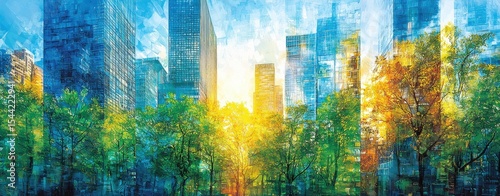 Urban Oasis Cityscape and Autumn Trees in Vibrant Hues