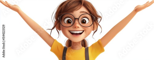 Happy Cartoon Girl with Glasses Raising Hands
