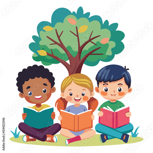 Joyful Children's Reading Time Under a Shady Tree A Delightful Illustration