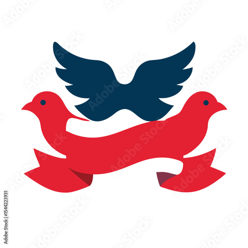 Two Red Birds Flanked by Dark Blue Wings Above a Red Ribbon Banner America Independence Day Design