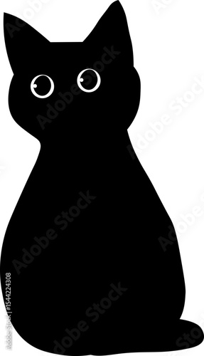 Black cat silhouette, simple illustration, large round eyes, minimalistic style, isolated on transparency background, mysterious and cute, perfect for Halloween or decoration