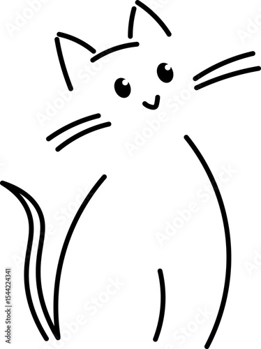 Simple black line drawing of happy cat with upright ears, curved tail, and expressive whiskers, conveying playful and cheerful mood, suitable for children illustrations or minimalist decor