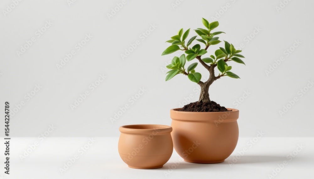 Fototapeta premium single eco friendly plant pot made from terracotta clay pot, containing a small bonsai, isolated on white background, minimalist product shot, soft studio lighting, realistic 3d render, 8k resolution