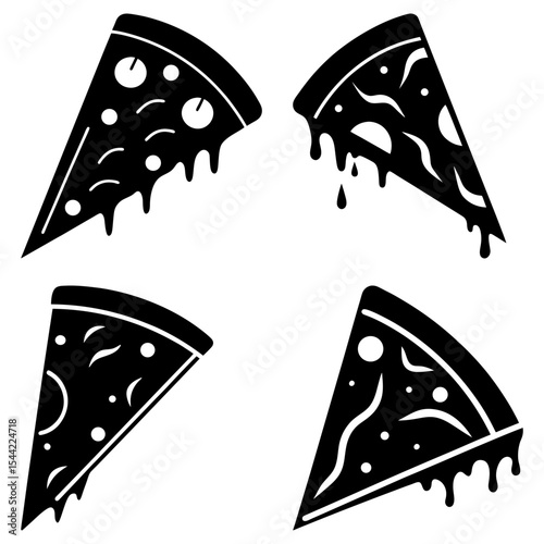 Four black pizza slices with various toppings and dripping cheese on a white background illustration art