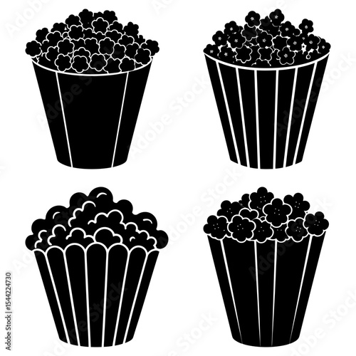 Four black and white popcorn buckets with different designs and popcorn shapes in a square format image