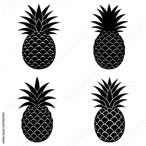 Four pineapple fruits with detailed scales and spiky leaves in a monochrome black and white design
