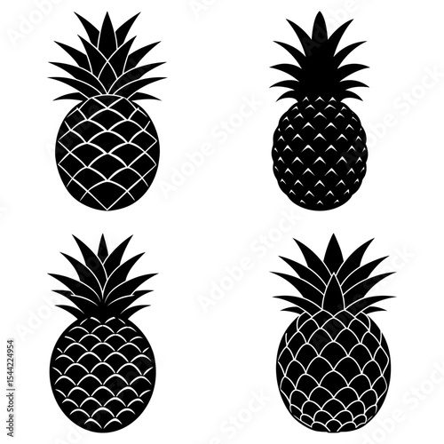 Four pineapple illustrations with detailed scales and spiky leaves in a black and white design layout