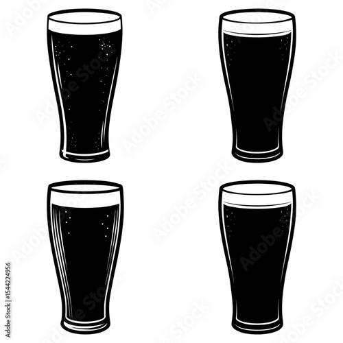 Illustration of four pint glasses filled with a dark liquid in a simple black and white style design