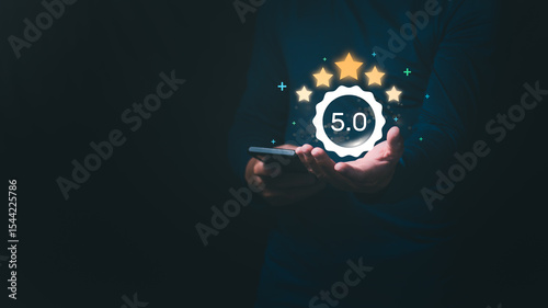 Online consumer quality or satisfaction assessment. Men are showing satisfaction ratings from using the service. 5 stars means very satisfied, online marketing, after-sales service.