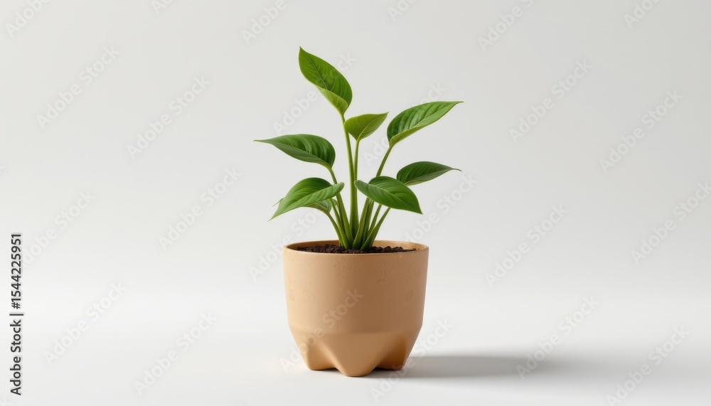 Fototapeta premium single eco friendly plant pot made from biodegradable paper pot, containing a money plant, isolated on white background, minimalist product shot, soft studio lighting, realistic 3d render