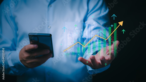 Businessmen show graphs of continuous growth of real estate and the concept of profitable strategy in the real estate market. Analysis of value and development of residential property, interest rate