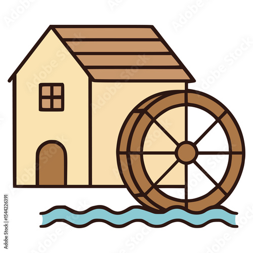 house and watermill flat color vector illustration template design