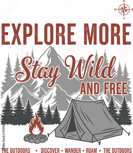 outside vector print design for t shirt sweatshirt. Mountain camping artwork. autumn winter graphics. screen print tee vector. 