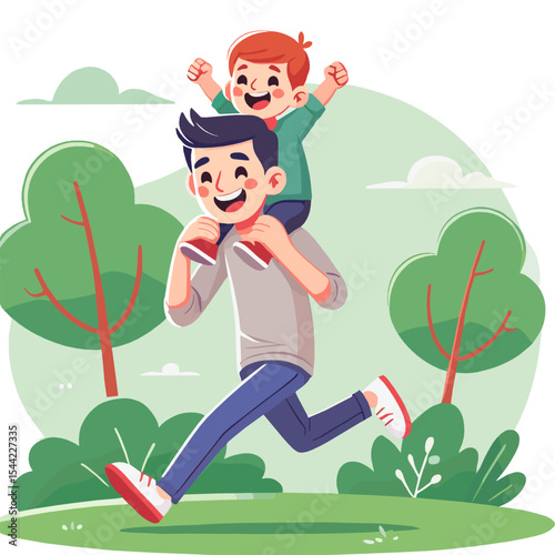 Father Carrying Son on Shoulders in Part Cartoon Illustration