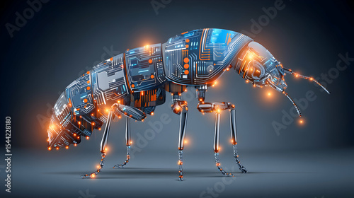 Cybernetic insect, bio-mechanical design, glowing lights, dark background.