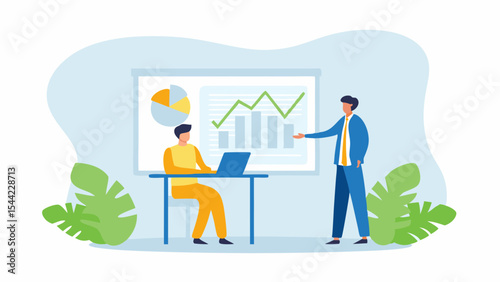 Business meeting with data presentation and teamwork in the office environment illustration