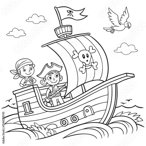 Jolly Roger's Crew Two Cartoon Pirates Sailing a Ship Adventure