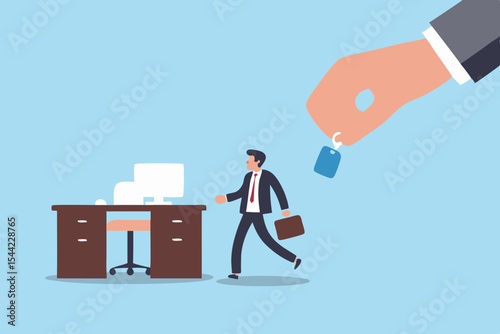 Employee motivation concept with a giant hand offering a key to a businessman