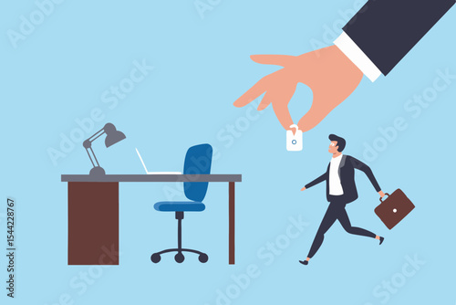 Employee leaving job with severance package offered by giant hand office background