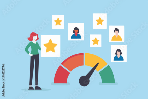Customer satisfaction rating with speed meter and employee avatars vector illustration