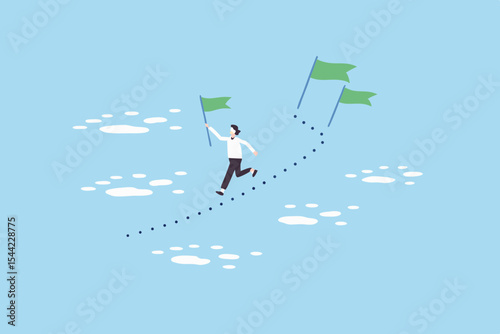 Man Running Towards Goals Represented by Flags on a Path in the Sky