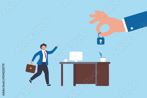 Businessman Reaching for Security Lock Offered by Giant Hand in Office