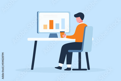 Man Working at Desk with Computer and Coffee Analyzing Business Data