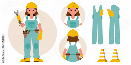 Female Construction Worker Character with Tools and Safety Gear in Various Poses and Angles