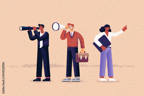 Business Team Looking to the Future with Telescopes and Pointing the Way