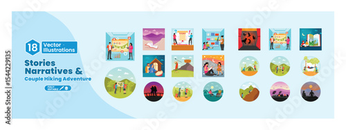 Set of illustration depicting stories narrative and couple hiking adventure. Mega set.