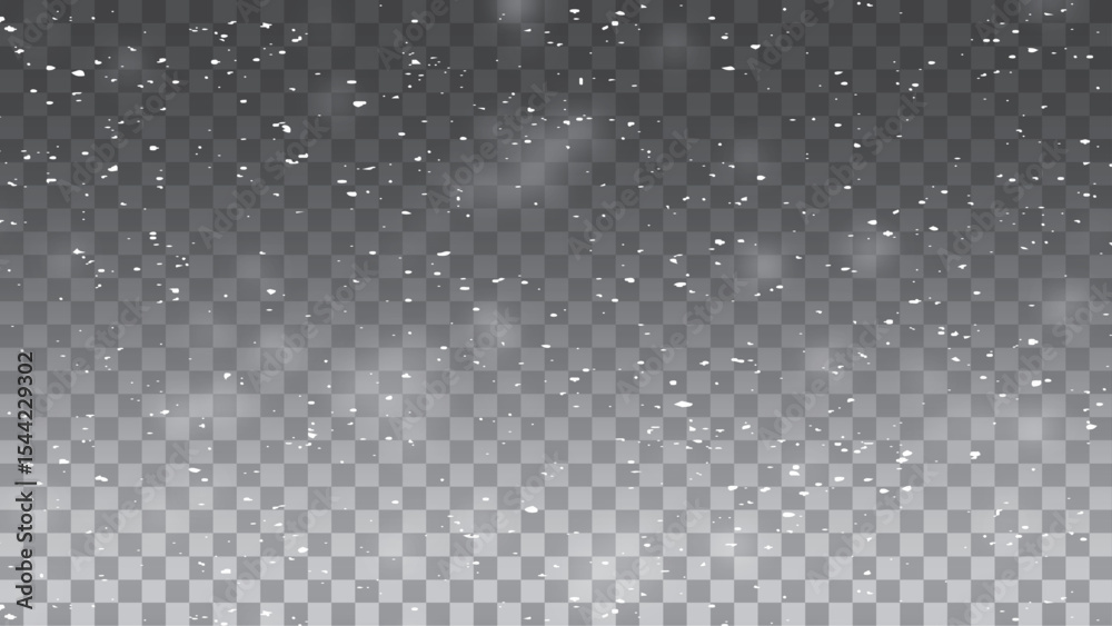 Vector falling snow overlay. Realistic shining snowfall background. 