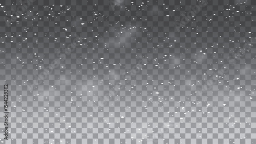 Vector falling snow overlay. Realistic shining snowfall background. 