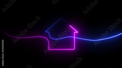 Glowing Neon Home Pin Animation on Black Background. Animated Neon Map Marker with House Icon.