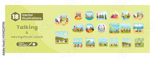 Talking and having picnic lunch illustration. Mega set.