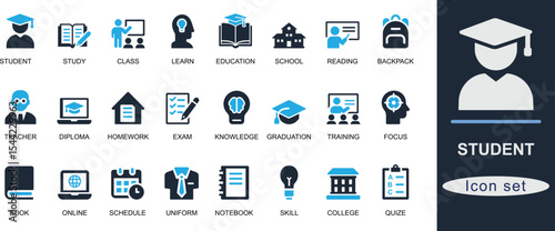 A Solid student icon set. Featuring school, study, exam, book, graduation, online class, course, and knowledge. Perfect for education and UI design.