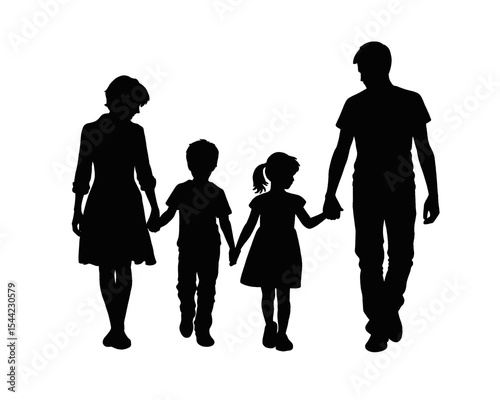 Family silhouette, a father, mother and their son and daughter walking hand in hand, isolated icon on white background