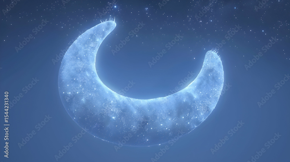 Fototapeta premium A luminous crescent moon, speckled tiny lights, hangs a dark blue night sky dotted stars.