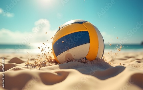 A volleyball hitting the sand, depicting the intensity of a beach match close up, focus on impact, surreal, Overlay, backdrop of a sunny beach. High quality