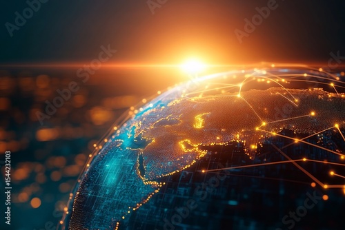 Futuristic digital globe with glowing network connections and sunrise on horizon representing global communication