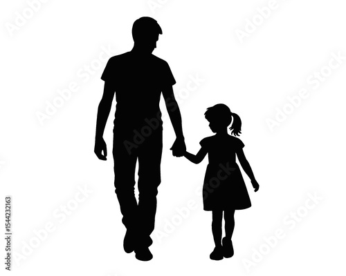 Silhouette of parents and child, a father and his daughter walking hand in hand, isolated icon on white background