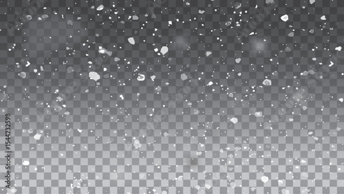 Falling snowflakes with blurry snow particles on  transparent background. Realistic vector falling snow fall overlay. Shining snowflakes background