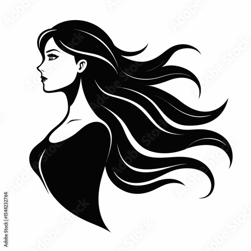 woman with flowing hair silhouette vector black on white background