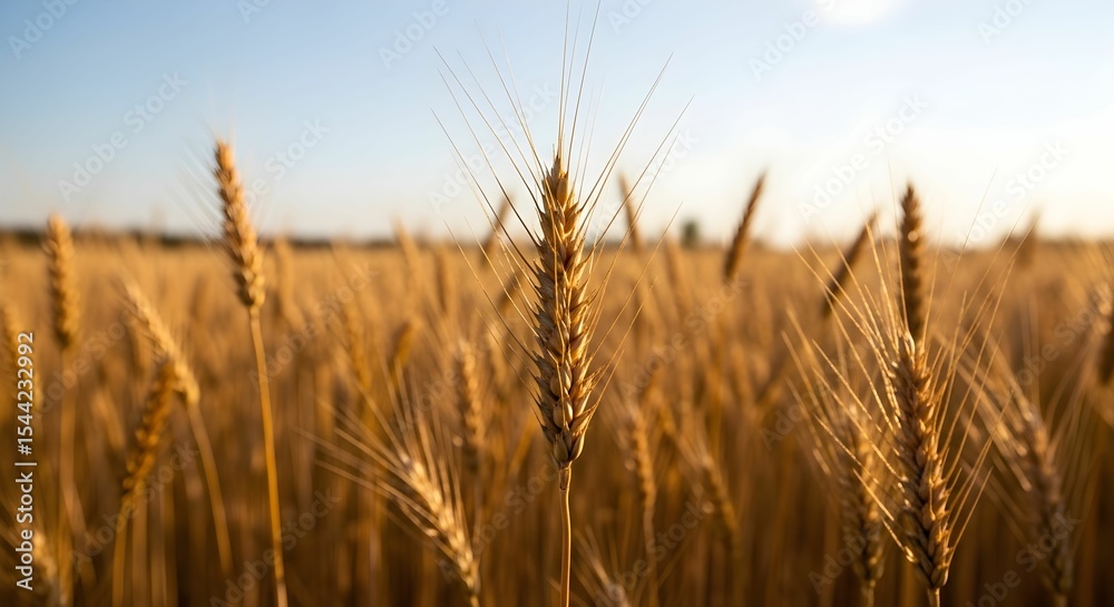 Fototapeta premium Golden wheat field captured at eye level, with a sharply focused wheat stalk centered in the foreground. Warm sunlight and a soft blue sky enhance the tranquil, rural scene.